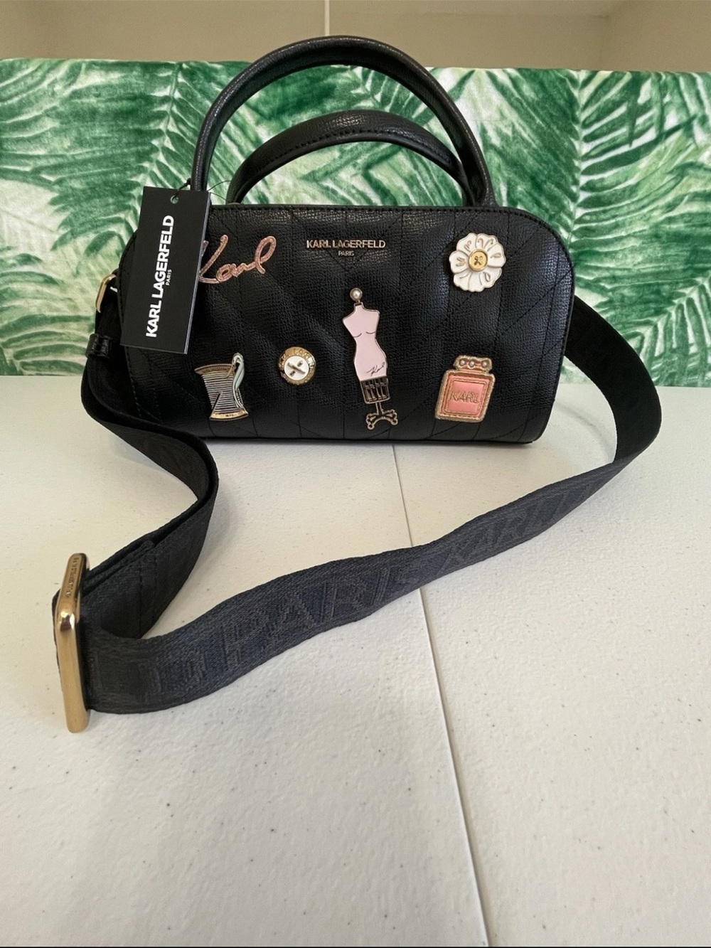 Karl Lagerfeld Black Quilted Satchel with Pink and Gold Charm Details - Picture 2 of 7